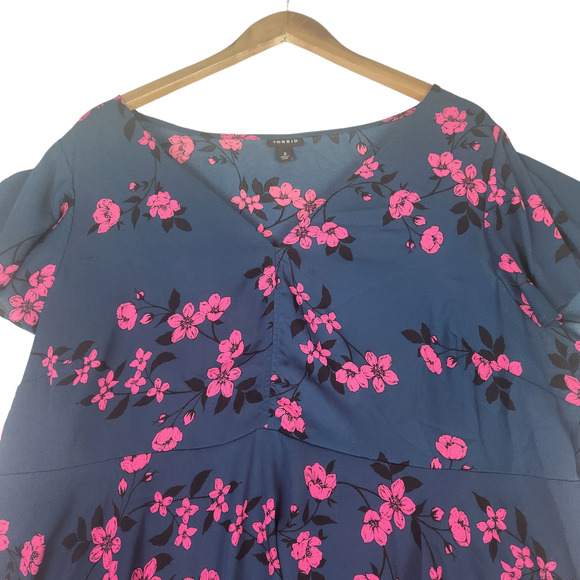 Torrid Blouse Size 3X Floral Floaty Flutter Sleeves Petrol Blue Pink Tunic Plus - Picture 4 of 9